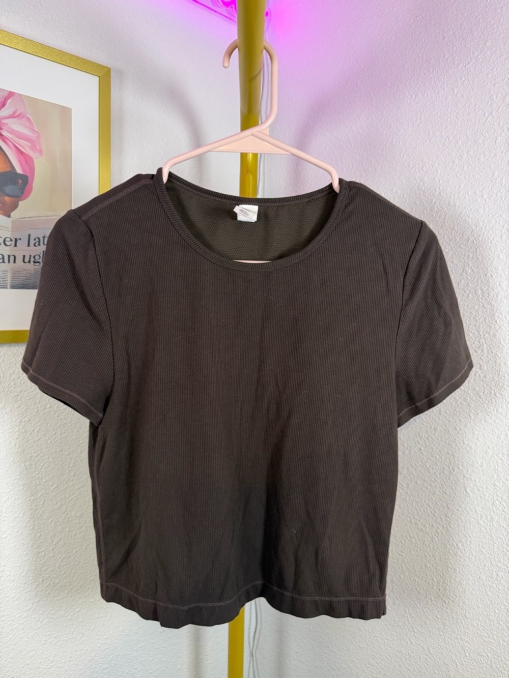 Yogalicious Brown Ribbed Crop Top Women’s Large Short Sleeve Athletic Fitted Tee